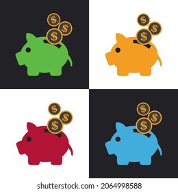 Saving piggy bank with dolar ,multicolor coin icon design vector