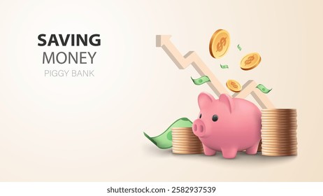 saving piggy bank with money stacked coins and rising graph arrows, symbolizing saving money and financial growth. Ideal for investment financial advice and savings themes. 3D vector illustration