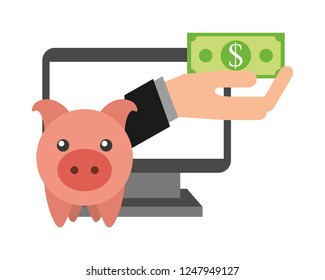 saving piggy with monitor computer and icons