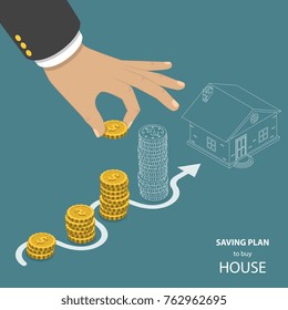 Saving plan to buy house flat isometric vector. Hand is putting a coin to the one of pile that is representing savings. The last pile and a house have just outlines that means they are not real yet.