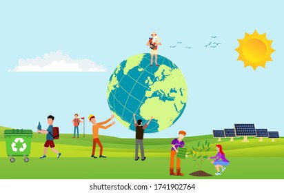 Saving planet concept. Group of people  taking care of Earth Vector illustration. Environmental protection, renewable energy, recycling. Template for web pages, banners, infographics, landing page.