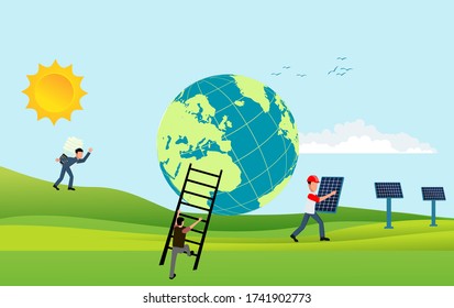 Saving planet concept. Group of people  taking care of Earth Vector illustration. Environmental protection, renewable energy, recycling. Template for web pages, banners, infographics, landing page.