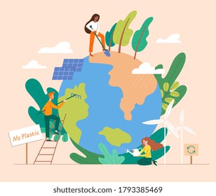 Saving the Planet concept with group of people doing assorted activities nurturing plants, green energy and No Plastics, colored vector illustration