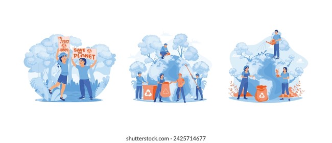 Saving the planet concept. Holding a poster, my future is in your hands. Young nature lovers clean the earth from rubbish. World Environment Day. set flat vector modern illustration