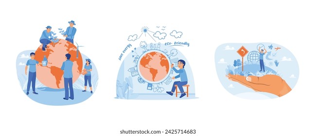 Saving the planet concept. Protect and care for the environment. Create creative, environmentally friendly images. Eco is a familiar concept with the globe. set flat vector modern illustration