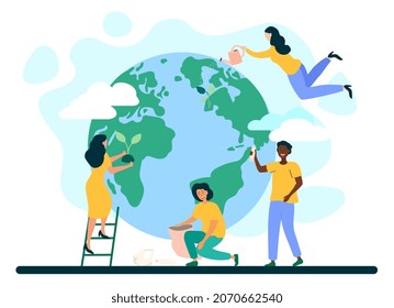 Saving planet concept. Young men and women take care of environment, water plants, plant flowers and clean up garbage. Ecology awareness and sustainability. Cartoon modern flat vector illustration
