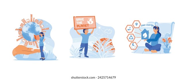 Saving the planet concept. A young woman is standing while reading a book and calling to protect the earth from waste pollution. Environmentally friendly energy saving concept. set flat vector modern 