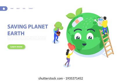 Saving planet Earth. The concept of caring for the environment. Flat vector isometric illustration isolated on white background.