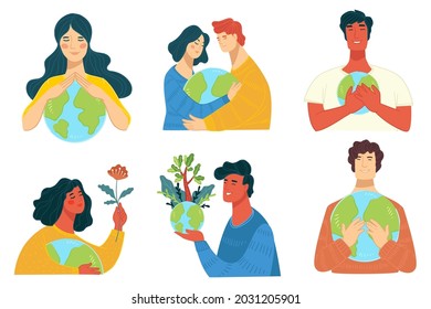 Saving planet earth from pollution and environmental catastrophe, people caring and cuddling globe with flowers and blooming botany design. Ecology activism. Vector in flat style illustration
