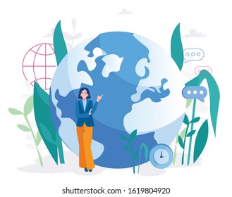 Saving planet. ecologist taking care of Earth Vector illustration for web banner, infographics, mobile website. Landing page template. Environmental protection, renewable energy. 