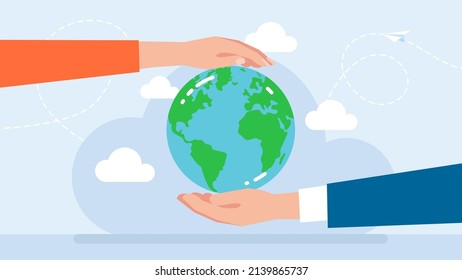 Saving the planet. Environmental protection. Flat illustration. Hands of man and woman hold the planet. Natural resources protection. Metaphor of environmental friendliness. Vector flat illustration