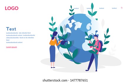Saving planet. Group of people or ecologists taking care of Earth Vector illustration for web banner, infographics, mobile website. Landing page template. Environmental protection, renewable energy. 