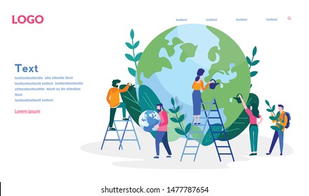 Saving planet. Group of people or ecologists taking care of Earth Vector illustration for web banner, infographics, mobile website. Landing page template. Environmental protection, renewable energy. 