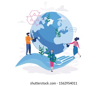 Saving planet. Group of people or ecologists taking care of Earth Vector illustration for web banner, infographics, mobile website. Environmental protection, renewable energy. recycle