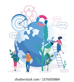 Saving planet. Group of people or ecologists taking care of Earth Vector illustration for web banner, infographics, mobile website. Environmental protection, renewable energy. recycle