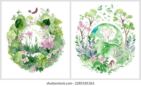 Saving the planet, nature and ecology posters. Vectorised illustrations for social, banner or card.