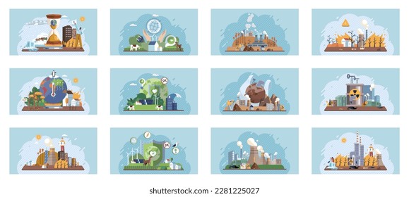 Saving the planet, World Environment Day. Planet Earth in smoke, plastic, garbage. Global warming set. Greenhouse effect of CO2. Eco activist. Ecological catastrophy. Earth with reasons of destroying