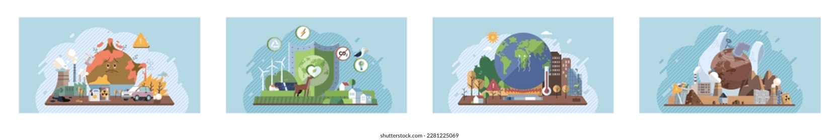 Salvando el planeta, Día Mundial del Medio Ambiente. Planeta Tierra en humo, plástico, basura. El calentamiento global. Efecto invernadero del CO2. Eco activista. Catastrofia ecológica. La Tierra con motivos de destrucción