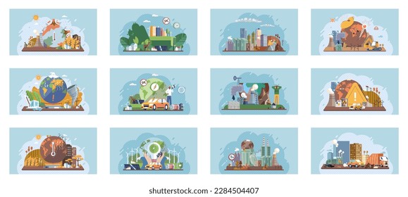 Saving the planet, World Environment Day. Planet Earth in smoke, plastic, garbage. Global warming set. Greenhouse effect of CO2. Eco activist. Ecological catastrophy. Earth with reasons of destroying