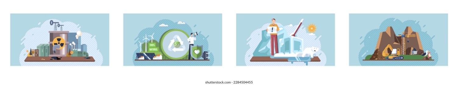 Saving the planet, World Environment Day. Planet Earth in smoke, plastic, garbage. Global warming set. Climate change. Earth day. Eco activist. Ecological catastrophy. Earth with reasons of destroying