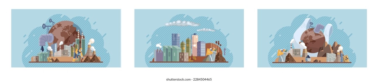 Saving the planet, World Environment Day. Planet Earth in smoke, plastic, garbage. Global warming set. Greenhouse effect of CO2. Eco activist. Ecological catastrophy. Earth with reasons of destroying