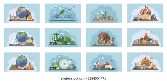 Saving the planet, World Environment Day. Planet Earth in smoke, plastic, garbage. Global warming set. Climate change. Earth day. Eco activist. Ecological catastrophy. Earth with reasons of destroying