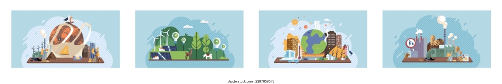 Saving the planet, World Environment Day. Planet Earth in smoke, plastic, garbage. Global warming set. Greenhouse effect of CO2. Eco activist. Ecological catastrophy. Earth with reasons of destroying