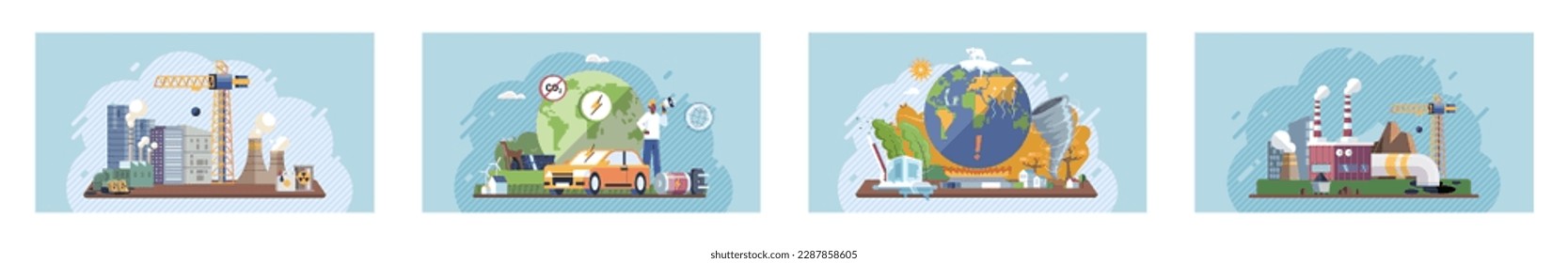 Saving the planet, World Environment Day. Planet Earth in smoke, plastic, garbage. Global warming set. Climate change. Earth day. Eco activist. Ecological catastrophy. Earth with reasons of destroying