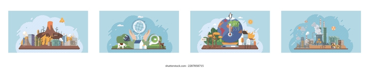 Saving the planet, World Environment Day. Planet Earth in smoke, plastic, garbage. Global warming set. Greenhouse effect of CO2. Eco activist. Ecological catastrophy. Earth with reasons of destroying