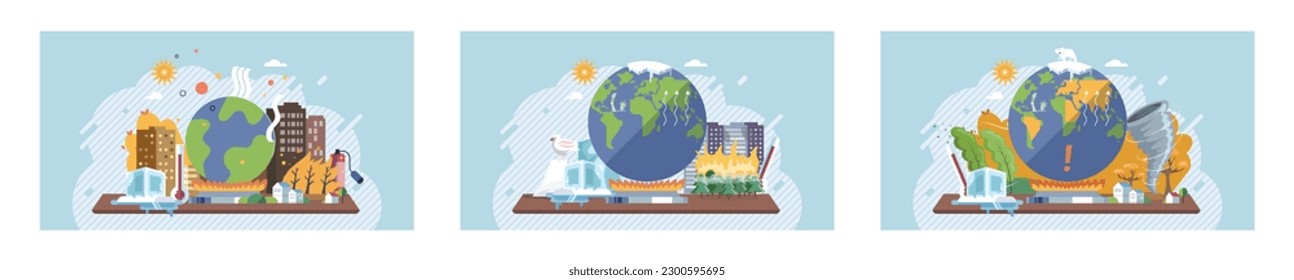 Saving the planet, World Environment Day. Planet Earth in smoke, plastic, garbage. Global warming set. Greenhouse effect of CO2. Eco activist. Ecological catastrophy. Earth with reasons of destroying