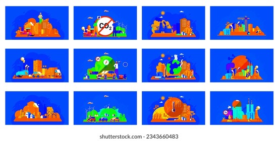 Saving the planet, World Environment Day. Planet Earth in smoke, plastic, garbage. Global warming set. Greenhouse effect of CO2. Eco activist. Ecological catastrophy. Earth with reasons of destroying