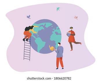 Saving the Planet.International Eco.Peace Day.Birds on Background.People care about Earth.Flat Vector Illustration