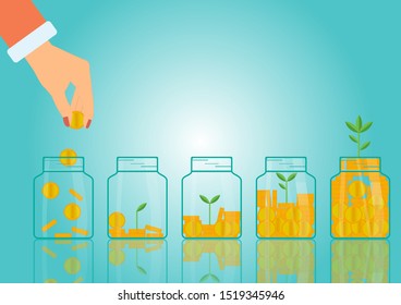 Saving for prepare in future and Business investment concept, Vector illustration EPS10 of business woman putting gold coin money into the glass bottle and plant growing on green background,Finance