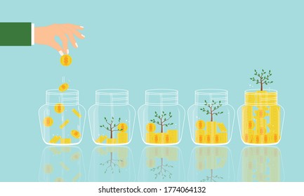 Saving for prepare in future and Business investment concept, Vector illustration EPS10 of business woman putting gold coin money into the glass bottle and plant growing, Finance, Investor