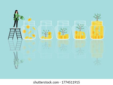 Saving for prepare in future and Business investment concept, Vector illustration EPS10 of Businesswoman watering money coin in the glass bottle and plant growing, Finance, Investors strategy
