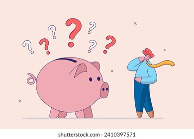 Saving problem concept. Banking or economic uncertainty. Finance question, doubt or confusion, contemplation or money solution, wealth concept, confused businessman with piggybank and question marks.