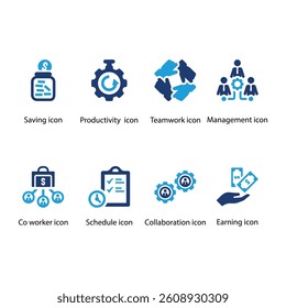 Saving, Productivity, Teamwork, Management, worker, Schedule, Collaboration, Earning, Blue Icon Set