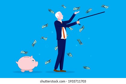 Saving For Retirement - Old Retired Man With Cane Enjoying His Savings. Piggy Bank And Money In Background. Vector Illustration.