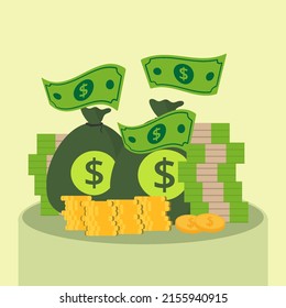 Ahorro, la riqueza jubilatoria es un símbolo financiero. Dólares, efectivo, monedas de oro, bolsa, gráfico aislado. Ilustración vectorial de fondo.