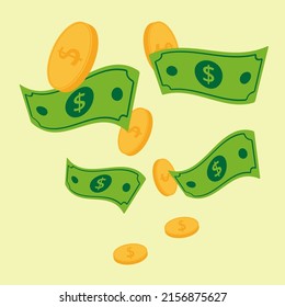 Saving, retirement wealth flat symbol financial. Dollars, cash, gold coins, bag, isolated graphic. Background vector illustration.