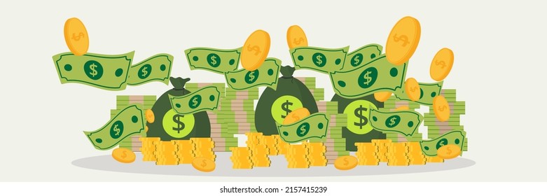 Saving, retirement wealth flat symbol financial. Dollars, cash, gold coins, bag, isolated graphic. Background vector illustration.