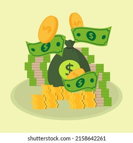 Ahorro, la riqueza jubilatoria es un símbolo financiero. Dólares, efectivo, monedas de oro, bolsa, gráfico aislado. Ilustración vectorial de fondo.