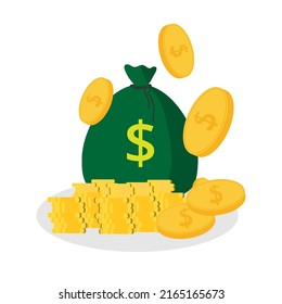 Ahorro, la riqueza jubilatoria es un símbolo financiero. Dólares, efectivo, moneda, bolso, gráfico aislado. Ilustración vectorial de fondo.