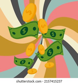 Ahorro, riqueza jubilatoria retrotraen antecedentes abstractos. Dólares, efectivo, monedas de oro, bolsa, gráfico aislado. Ilustración vectorial de fondo.
