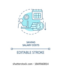 Ahorrar costos salariales es un icono del concepto turquesa. Reducir los gastos del negocio. Ilustración de línea delgada de la idea de beneficio de asistente virtual. Dibujo de color RGB con contorno aislado del vector. Trazo editable