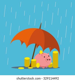 Saving or secure money concept. Coin bank under umbrella 