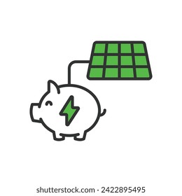 Ahorro de un icono de energía solar en diseño de línea verde. Ahorro, energía solar, banco de energía, cerdo, energía, estación, banco de cerdos aislado en el vector de fondo blanco. Ahorro de energía solar, icono de trazo editable.