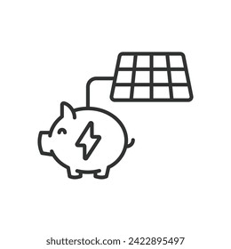 Saving solar energy icon in line design. Saving, solar, energy, power bank, pig, power, station, piggy bank isolated on white background vector. Saving solar energy, editable stroke icon.