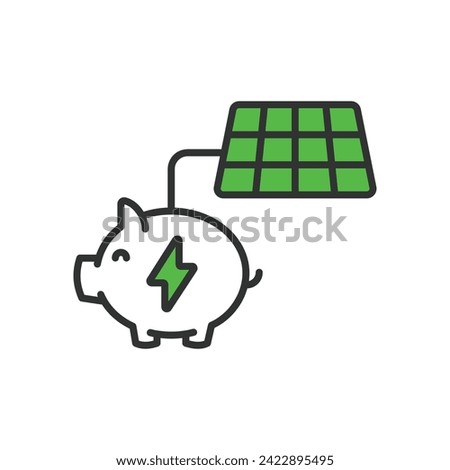 Saving solar energy icon in line design green. Saving, solar, energy, power bank, pig, power, station, piggy bank isolated on white background vector. Saving solar energy, editable stroke icon.