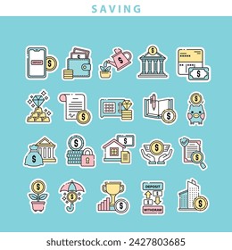 Saving sticker icon collection vector in a cute cartoon style